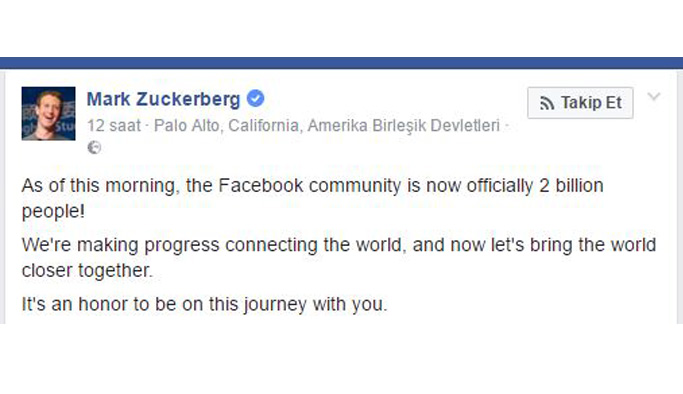 Facebook kullanıcı sayısı 2 milyarı geçti