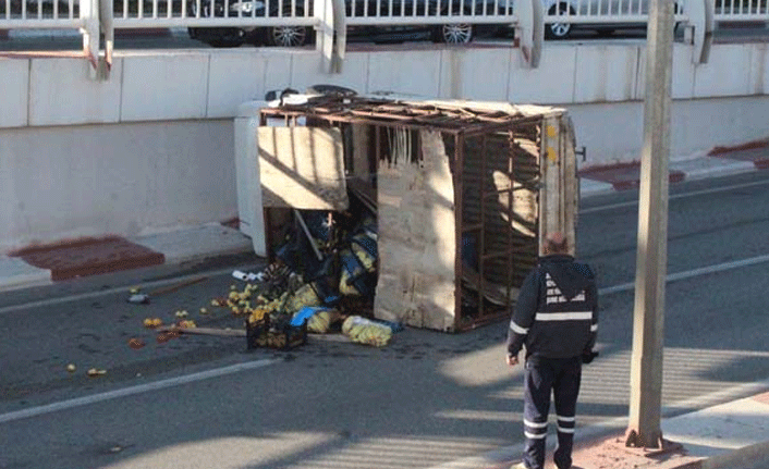 Pazarcı kamyoneti alt geçide devrildi