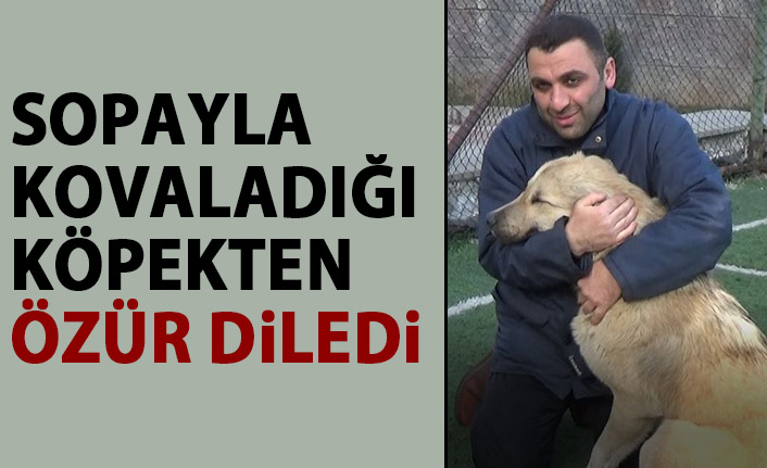 Sopayla kovaladığı köpekten özür diledi