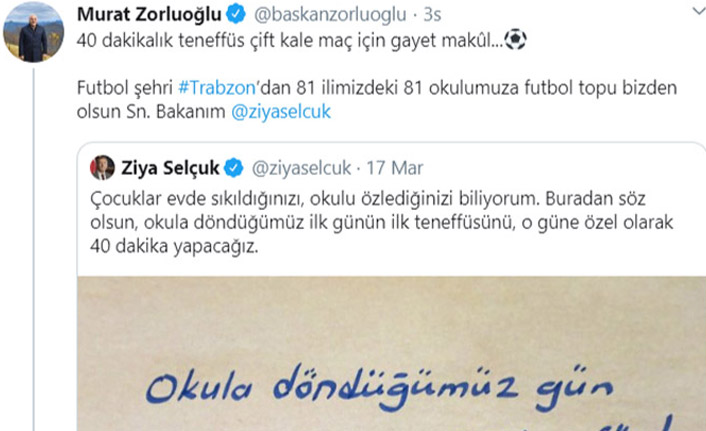 Bakan Selçuk'un "ilk teneffüs" twitine Trabzon'dan destek