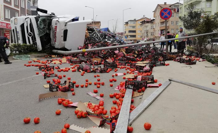 Trabzon'a gelen tır devrildi