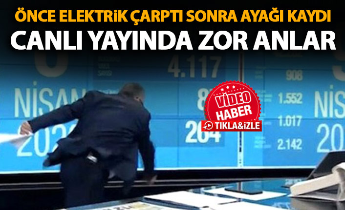 Önce elektrik çarptı sonra ayağı kaydı! Canlı yayında zor anlar!