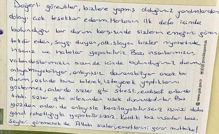 Karantinadaki vatandaşlardan görevlilere teşekkür