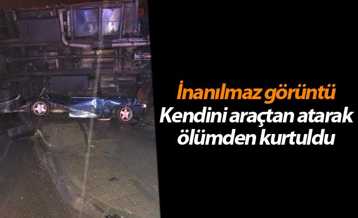 Samsun'da kamyon otomobilin üzerine devrildi! Sürücü kendini araçtan attı