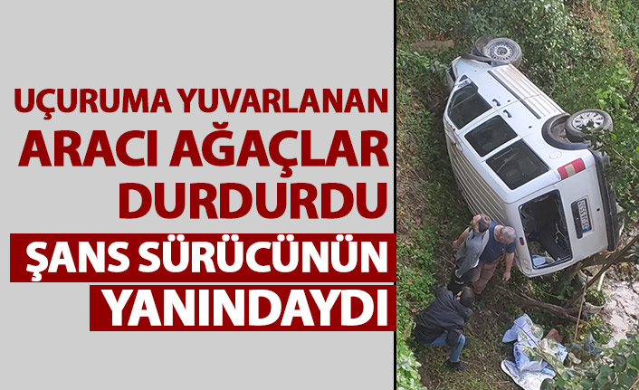 Uçuruma yuvarlanan aracı ağaçlar durdurdu