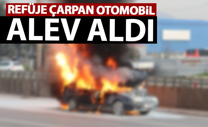 Gümüşhane'de refüje çarpan otomobil alev aldı