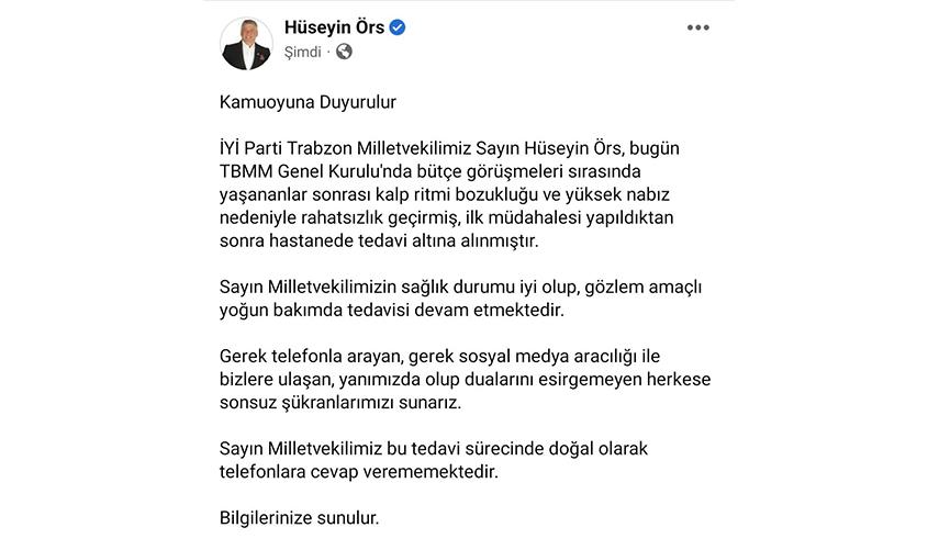 Hüseyin Örs'ün sağlık durumuna ilişkin açıklama