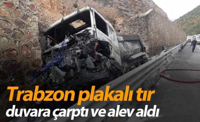 Trabzon plakalı tır duvara çarptı alev aldı