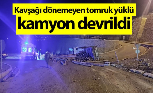 Artvin'de kavşağı dönemeyen tomruk yüklü kamyon devrildi: 1 yaralı. Foto Haber