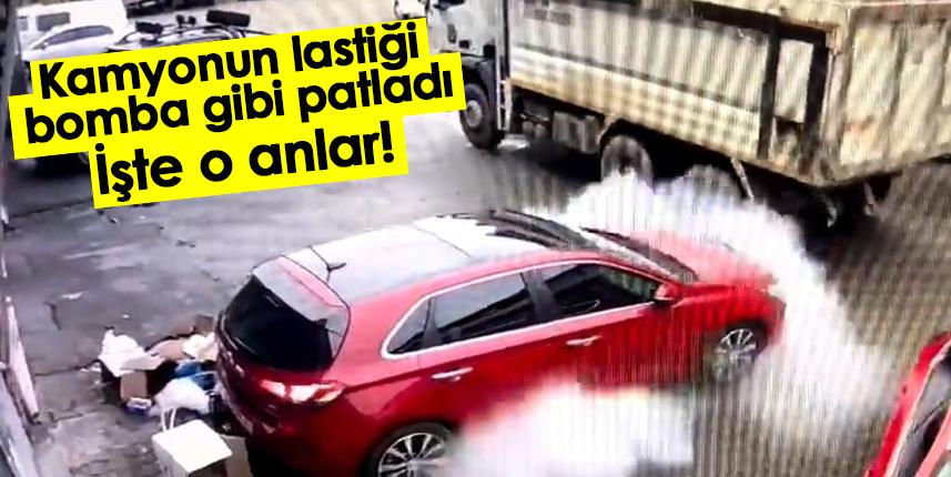 Rize'de kamyonun lastiği bomba gibi patladı! İşte o anlar