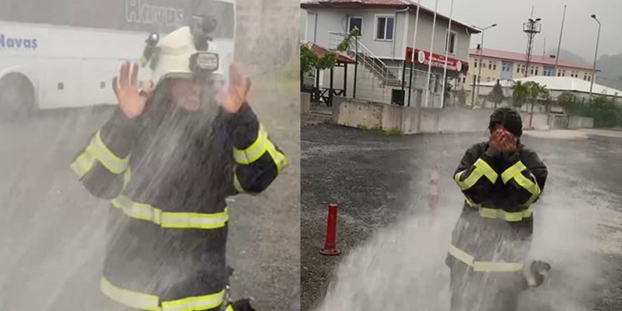 Artvin'de stajını tamamlayan genç itfaiyeciye sulu şaka