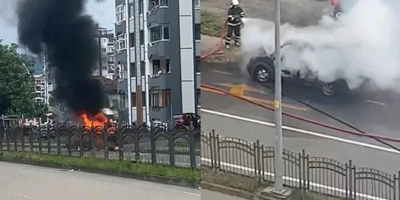 Rize’de seyir halindeki hafif ticari araç alev alev yandı