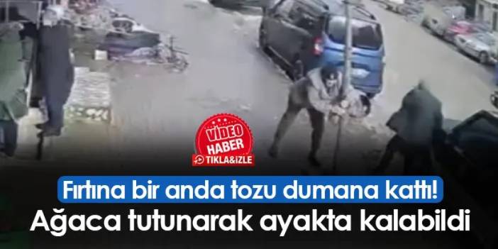 Fırtına bir anda tozu dumana kattı! Ağaca tutunarak ayakta kalabildi