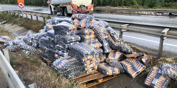 Samsun'da makarna yüklü tır devrildi!