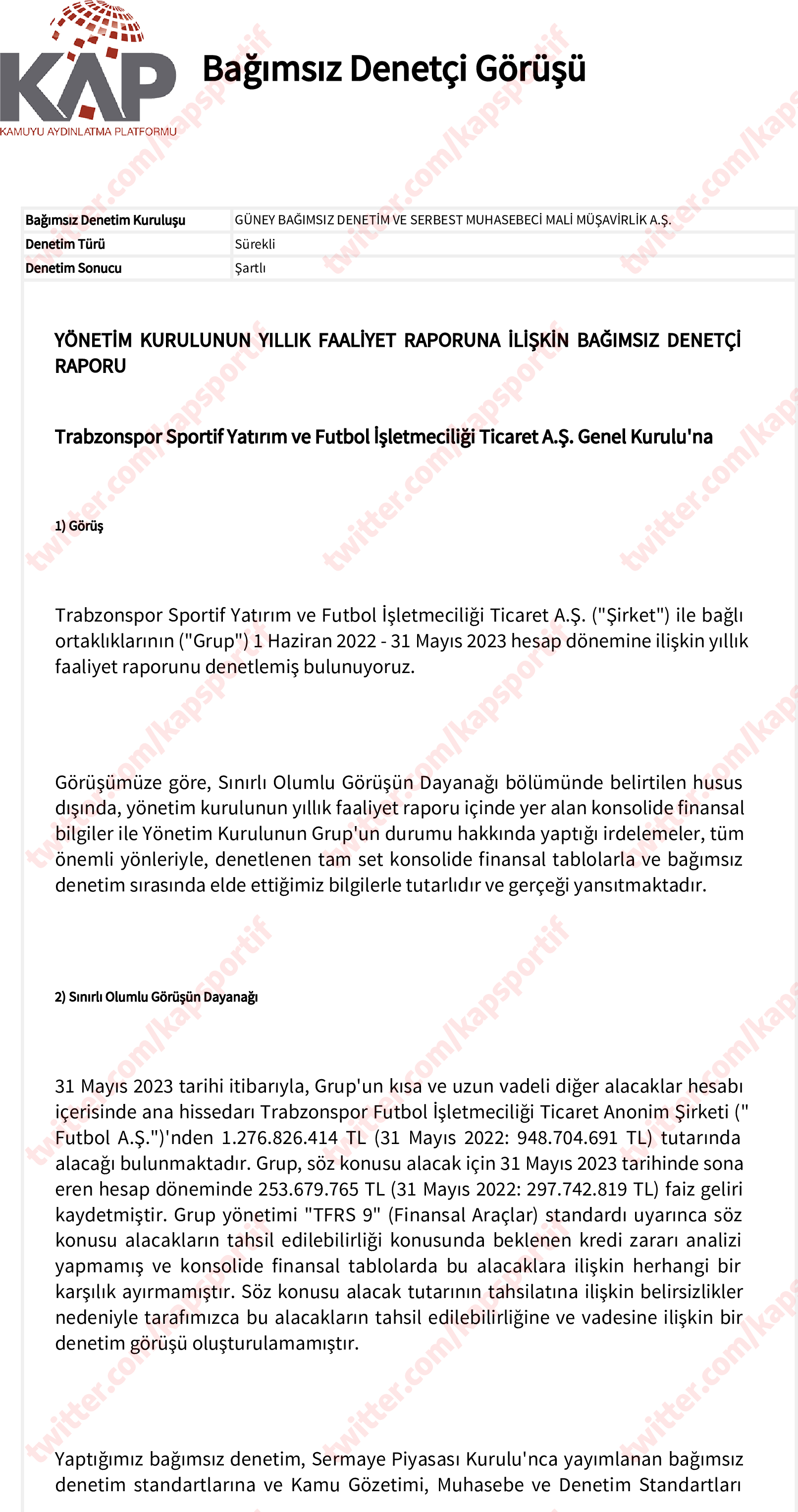 Trabzonspor’dan KAP geldi! Finansal raporlar ve daha fazlası