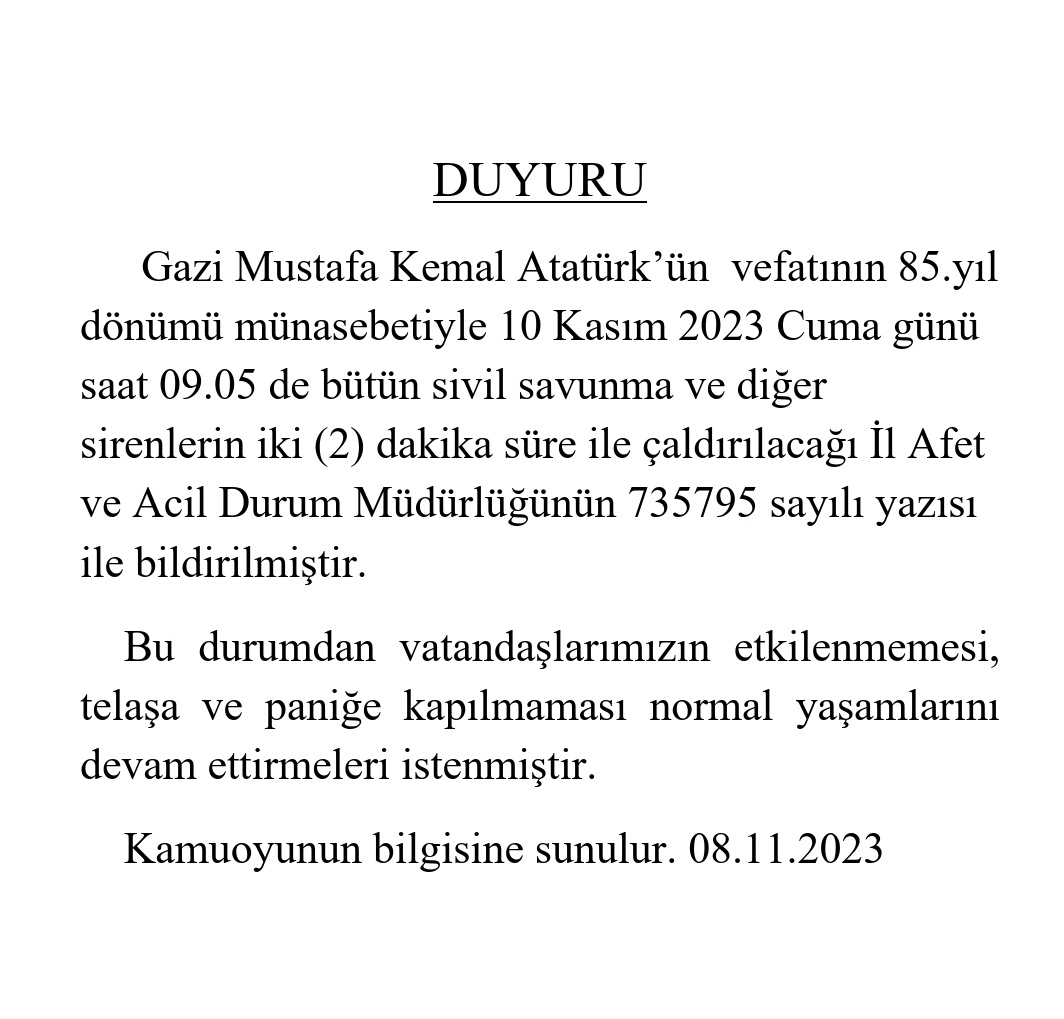 Trabzon Valiliği’nden duyuru! 10 Kasım’da sirenler çalacak