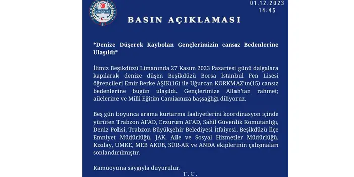 Trabzon Valiliği'nden açıklama geldi! "Arama çalışmaları sona erdi"