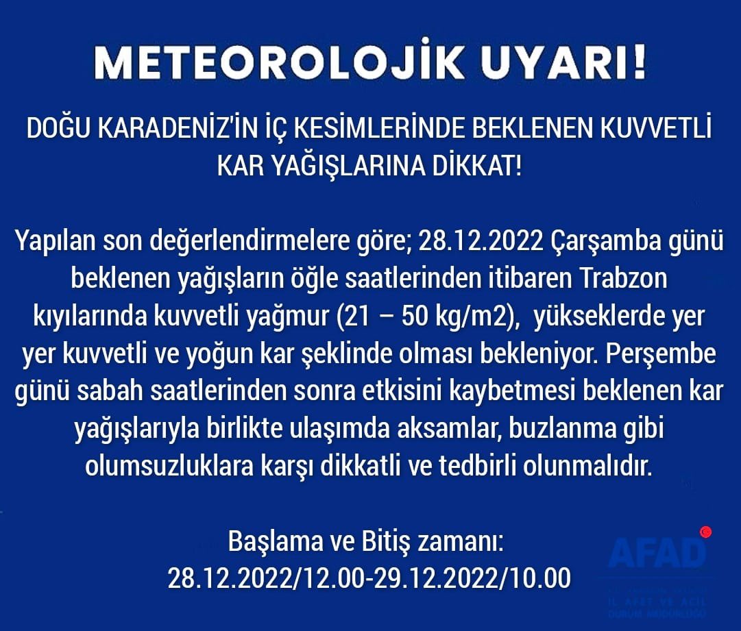 Meteoroloji'den Trabzon’a kar uyarısı